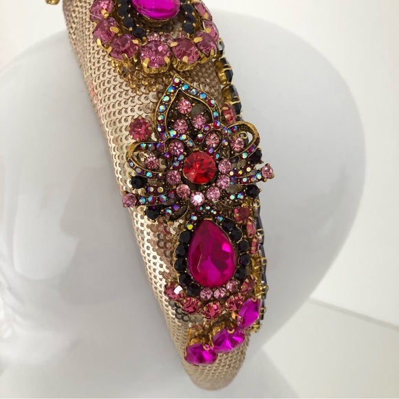 Handmade Hairband Headband Gold Pink Multicoloured Rhinestone Wedding Occasion - Picture 8 of 16